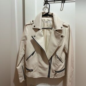 Mango Women's Cream Leather Biker Jacket